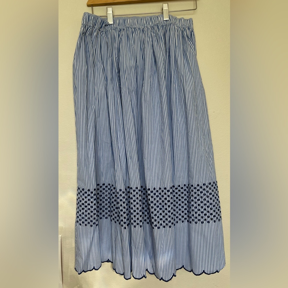 J. Crew Blue and White PinStriped Maxi Skirt with scalloped edged bottom.